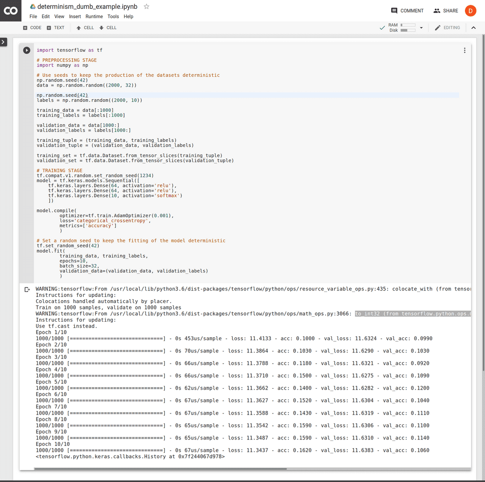 Demonstration of the snippet above running on Colaboratory. When the runtime is restarted the running of the cell yields the same results